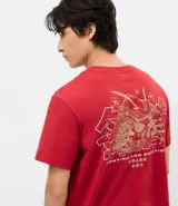 Remera de algodón color rojo, con cuello redondo y manga corta. Presenta un estampado frontal pequeño en el lado izquierdo del pecho con diseño gráfico y lettering Fighting and Devotion.