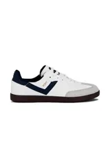Championes deportivos Pony modelo Moma para hombre, de color blanco con detalles en azul marino y puntera de gamuza gris, con suela marrón de goma.