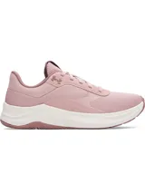 Championes de entrenamiento Under Armour Aurora 3, diseñados específicamente para el pie femenino. Presentan una parte superior de malla transpirable en color rosado con detalles de gamuza, mediasuela Charged+ para amortiguación y suela de goma con tracción multidireccional.
