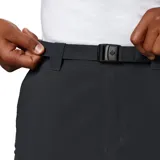 Pantalón de trekking azul marino con cinturón negro, cintura elástica parcial, refuerzo en la entrepierna y protección solar UPF 50.