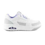 Championes Skechers Street Uno - Courted Style para mujer, color blanco con detalles en gris y lila. Capellada de cuero repujado, plantilla Skechers Air-Cooled Memory Foam y entresuela con cámara de aire Skech-Air visible.