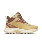 Bota de senderismo Merrell modelo Speed Strike 2 LTR, color beige y marrón. Presenta un diseño deportivo con empeine de cuero de plena flor y ante impermeable, cuello acolchado, cordones reforzados y suela de goma adherente para mayor tracción.
