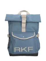 Mochila roll-top color azul de la línea Water Resistant de Rockford, confeccionada en canvas rip-stop de poliéster reciclado. Cuenta con bolsillo frontal con solapa y broche, detalles en color beige, el logo de la marca estampado en la base y base reforzada en negro.