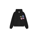Campera con capucha y cierre frontal de Eme Studios, modelo Patches Shadow Full Zip, en color negro con múltiples parches bordados en el frente.