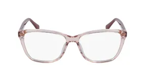 Armazón de anteojos recetados con marco de acetato transparente en tono rosado y patillas en color marrón. Diseño de forma rectangular con bordes ligeramente redondeados.