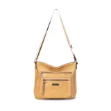 Bandolera morral color beige de símil cuero, con apertura superior con cierre. Cuenta con dos bolsillos frontales con cierre, un bolsillo trasero con cierre y tres bolsillos internos con división y cierres. Incluye una correa de galón regulable a tono.