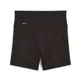Calzas cortas deportivas de mujer Puma modelo Ess 5 Short Tight, de color negro y tiro alto, con el logo de la marca estampado en blanco en el lateral.