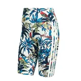 Shorts ciclistas Adidas de la colaboración con Farm Rio, con estampado tropical de aves y flores sobre fondo blanco. Presenta las tres tiras clásicas de la marca en los laterales y logo bordado.