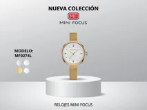 Reloj de pulsera Mini Focus modelo MF0274L para mujer, con caja dorada de metal, dial blanco con agujas doradas y correa de malla milanesa dorada. Resistente al agua hasta 30 metros.
