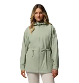 Campera impermeable Columbia Blossom Park Rain, color verde, con cierre frontal y cintura ajustable con cordón.