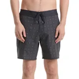 Short de baño Volcom color gris oscuro con estampado geométrico de estrellas pequeñas en tono violeta. Presenta cintura elástica con cordón de ajuste frontal y corte corto.