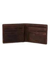 Billetera de cuero marrón con costuras en contraste, ocho ranuras para tarjetas y tecnología RFID.