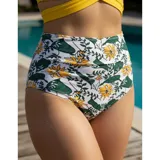 Bikini de dos piezas con corpiño negro tipo crop top con diseño cruzado y bombacha de tiro alto con estampado animal print de leopardo.