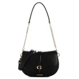 Cartera tipo bandolera Guess modelo Carrie, color negro, con diseño de solapa redondeada y cierre frontal. Presenta herrajes metálicos dorados, incluyendo el logo de la marca en el centro y una correa combinada de cuero sintético y cadena.
