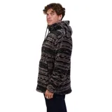 Canguro de sherpa con estampado geométrico en tonos marrones y negros. Presenta cuello alto con medio cierre frontal, capucha con cordones ajustables, bolsillo tipo canguro delantero y puños elásticos.