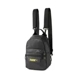 Mochila mini Puma Prime Class negra con estampado sutil, cierre principal, bolsillo frontal con cierre, bolsillo interno, correas ajustables y desmontables, asa de mano y logo Puma metálico.