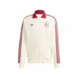 Campera deportiva Adidas de la selección de España, modelo alternativo, en color blanco marfil con cuello y detalles en bordó, con las clásicas tres tiras en las mangas y el escudo de la selección en el pecho.