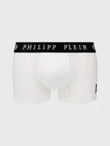 Bóxer blanco de algodón con pretina elástica negra con el logo de Philipp Plein en blanco y diseño de calavera en la pierna derecha.