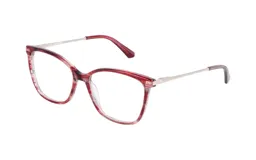 Armazón para lentes Demenego 126/54 col PK, de acetato color rojo con diseño jaspeado. Patillas plateadas.