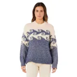 Buzo de tejido de punto con diseño bicolor en tonos crema y azul, con patrón geométrico estilo grecas en la parte superior. Presenta cuello redondo, mangas largas y terminaciones en tejido acanalado.