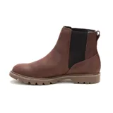 Bota tipo Chelsea de cuero nobuk marrón, con paneles elásticos laterales negros y suela de goma dentada con tracción.