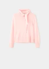 Jersey de punto fino color rosado, con cuello alto y cierre de nudo ajustable, de diseño recto y manga larga.