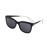 Lentes de sol con armazón de acetato negro y patillas metálicas delgadas con diseño calado en los extremos. Presentan cristales oscuros y logo grabado en el frente.