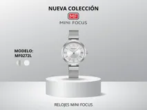 Reloj Mini Focus para mujer, con caja plateada de metal, cuadrante plateado con números romanos y malla de acero plateada.
