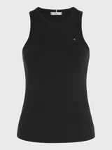 Remera negra acanalada sin mangas de corte slim, con cuello redondo y logo de Tommy Hilfiger bordado en el bajo.