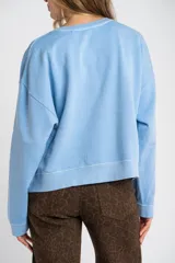 Buzo lila oversize confeccionado en 100% algodón, con cuello redondo, mangas largas y puños y dobladillo acanalados. Presenta un pequeño detalle bordado en el bajo.