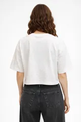 Remera de algodón color gris topo, de corte holgado y diseño cropped. Presenta cuello redondo y una estampa frontal con forma de corazón, mariposa y texto decorativo.