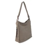 Cartera tipo hobo o de hombro, color beige topo, confeccionada en símil cuero con textura suave. Presenta costuras decorativas en el frente dividiendo el panel en cuatro secciones. Posee dos correas trenzadas para llevar al hombro y cierres laterales decorativos con tiradores de cuero.