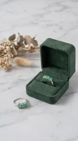 Anillo de plata 925 con tres piedras ovales de esmeralda y pequeños detalles de zirconía en los laterales.
