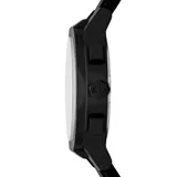 Reloj Armani Exchange modelo Sync con caja y malla de silicona negra. Esfera negra con marcadores e índices en tono dorado, función de cronógrafo y ventana de fecha.