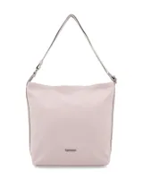 Bolso tipo hobo de diseño minimalista en color beige, con correa ajustable para el hombro y herrajes metálicos plateados. Incluye placa metálica con la marca Terrano en el frente.
