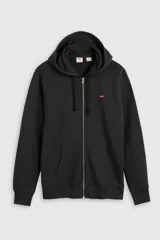 Buzo con capucha y cierre frontal completo de la marca Levi's. Presenta un diseño liso en color negro con bolsillos tipo canguro y el logo de la marca bordado en el pecho.