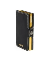 Billetera tipo tarjetero de cuero negro con caja de aluminio interna y sistema de deslizamiento para tarjetas. Cuenta con cierre mediante broche a presión.