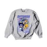 Buzo gris de cuello redondo con estampado frontal de personajes de Digimon y diseño de cuadrícula azul.