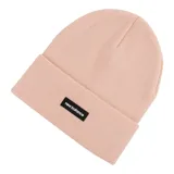 Gorro de lana color rosa claro con dobladillo y parche negro con el logo de New Balance.