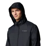 Campera impermeable Columbia modelo Glennaker Lake Jkt Omni-Shield, color negro, con capucha guardable en el cuello, cierre frontal y bolsillos laterales con cierre.
