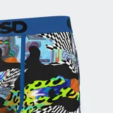Calzoncillos bóxer estampados con diseño abstracto multicolor, cintura elástica azul con logo PSD en negro, entrepierna de 7 pulgadas y bolsa MicroMesh transpirable.