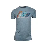 Remera gris jaspeado con estampado de tres quillas de surf con diferentes diseños.
