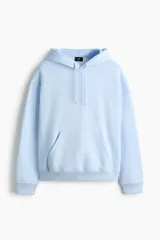 Canguro con capucha de H&M, color celeste, confeccionado en mezcla de algodón con interior cepillado. Presenta hombros caídos, cordón de ajuste en la capucha, bolsillo frontal tipo canguro y puños y bajo acanalados.