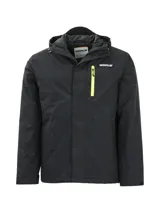 Chaqueta Caterpillar con capucha, color negro, con cierre frontal y bolsillo en el pecho con cremallera en color amarillo neón. Diseño funcional con logo de la marca en el pecho.