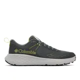 Championes de senderismo Columbia modelo Konos Trs, color gris oscuro con detalles en verde lima. Presentan empeine de malla técnica con sobrecapas sin costuras, sistema Navic Fit para ajuste en el mediopié, mediasuela Techlite+ para soporte y amortiguación, y suela Adapt Trax para tracción en diversas superficies.