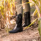 Bota texana de caña alta color marrón claro, confeccionada en cuero vacuno con detalles de bordado y apliques en relieve. Tiene cierre lateral, taco de madera con folia de cuero y suela de goma. La horma es de punta fina, ancha y cómoda.