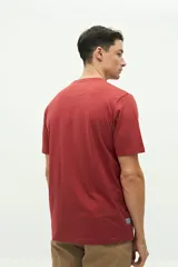 Remera de manga corta color ladrillo con bolsillo en el pecho y estampado pequeño de una palmera.