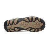 Bota de senderismo Merrell modelo Accentor 3 Mid WP, con diseño de caña media. Confeccionada en una combinación de ante y malla en tonos beige y verde menta. Cuenta con suela de goma adherente, puntera reforzada y sistema de cordones para un ajuste seguro.