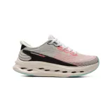 Championes deportivos Skechers modelo Slip-Ins Max Cushioning Glide-Step Sapphire, de color gris con detalles en blanco, negro y toques en coral y celeste. Presentan parte superior de monomalla con estampado 3D, tecnología de amortiguación avanzada y suela geométrica con aberturas.