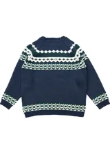 Sweater azul marino tejido en lana y acrílico con diseño geométrico en blanco y verde.